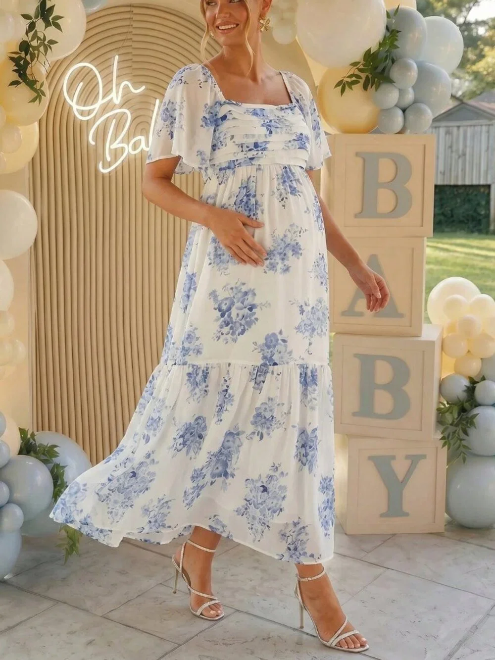 Blue And White Women's Maternity Square Neck Short Sleeve Floral Print Dress